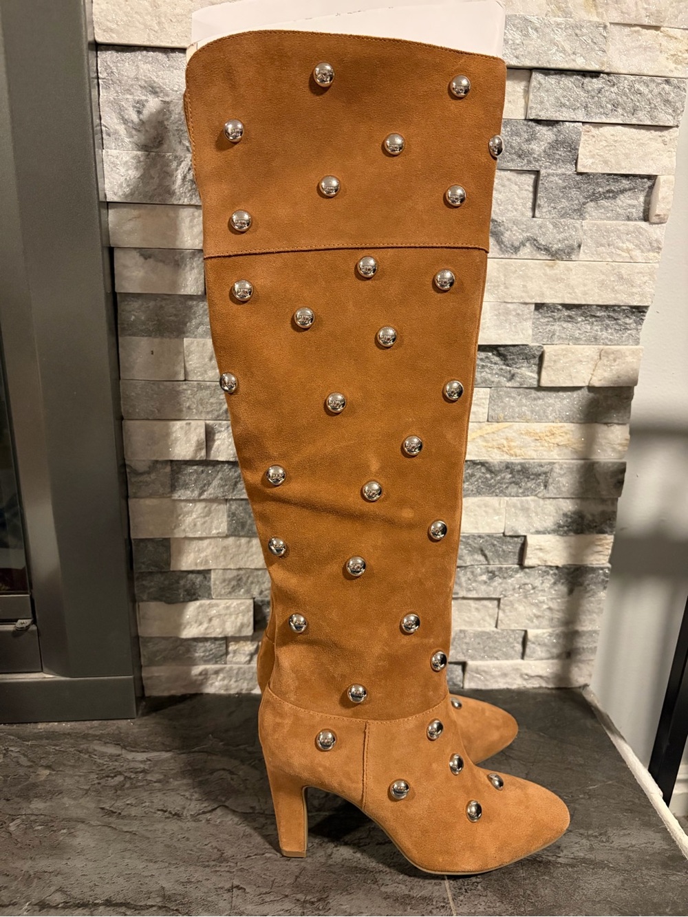 Studded Suede Knee-High Boots - Brown